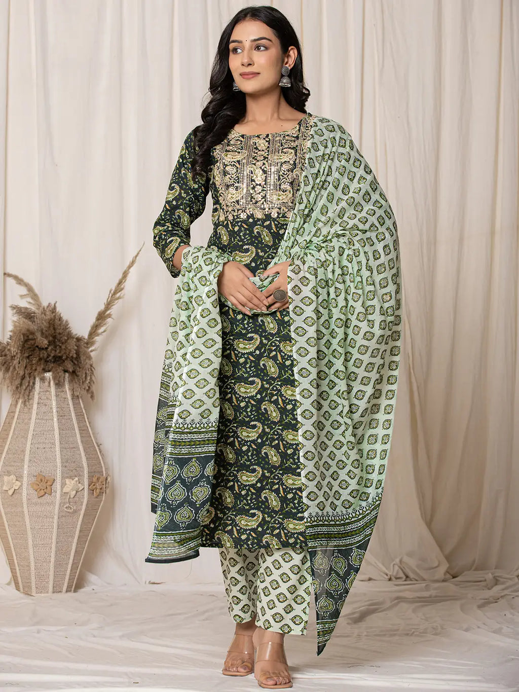 Yufta Green Paisley Pure Cotton Straight Kurta And Trouser With Dupatta Set | Grocsy