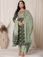 Yufta Green Paisley Pure Cotton Straight Kurta And Trouser With Dupatta Set | Grocsy