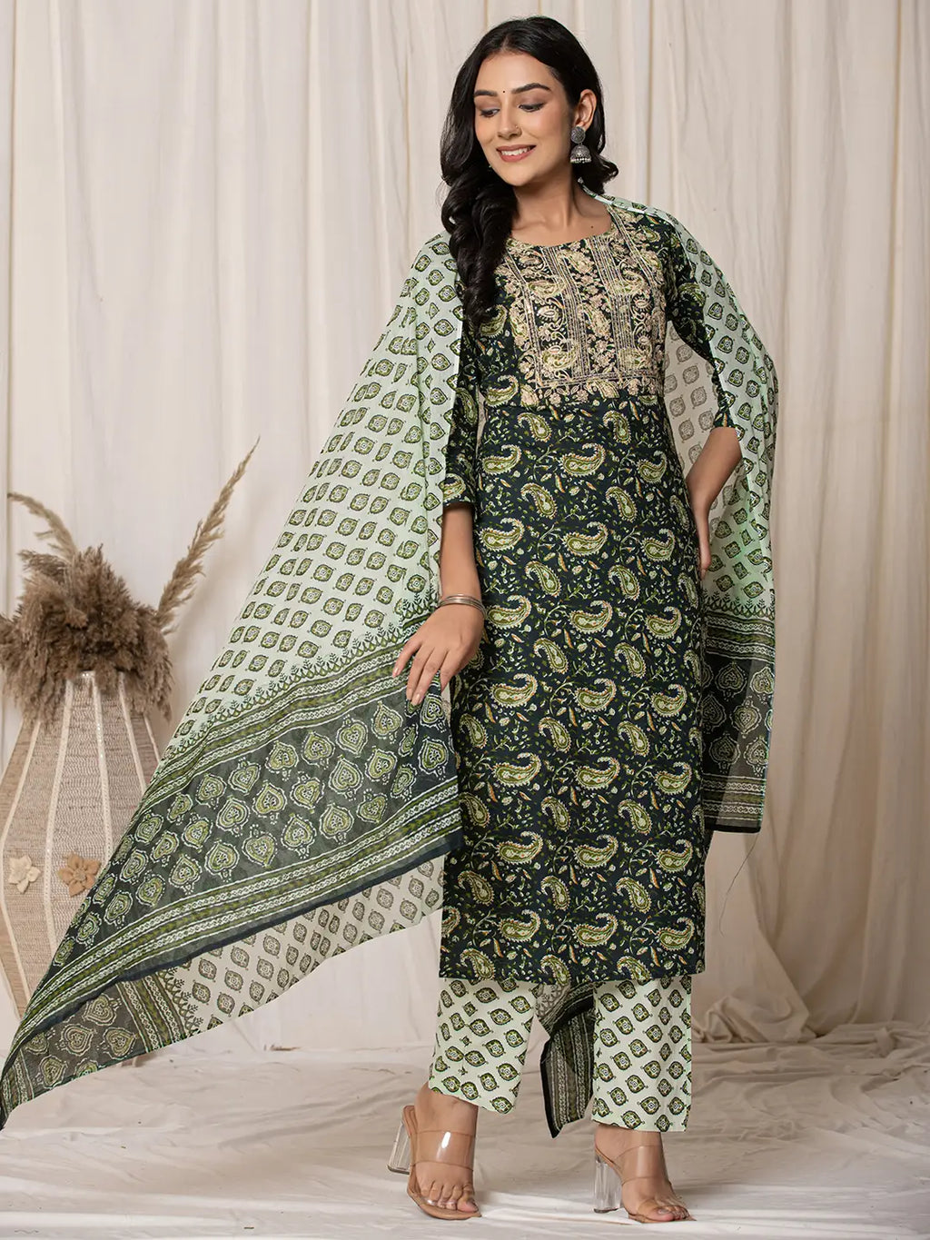 Yufta Green Paisley Pure Cotton Straight Kurta And Trouser With Dupatta Set | Grocsy