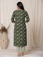 Yufta Green Paisley Pure Cotton Straight Kurta And Trouser With Dupatta Set | Grocsy
