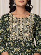 Yufta Green Paisley Pure Cotton Straight Kurta And Trouser With Dupatta Set | Grocsy