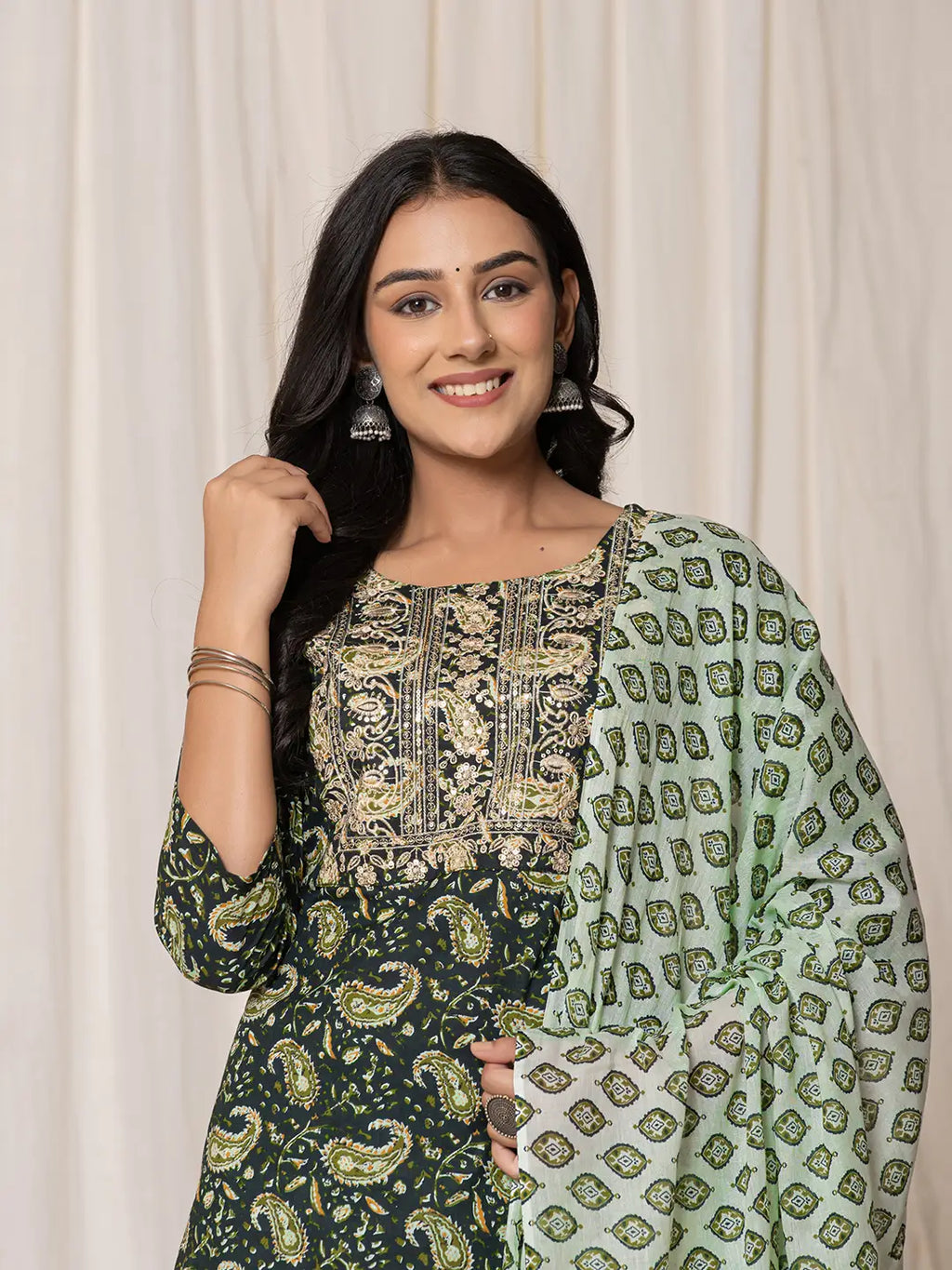 Yufta Green Paisley Pure Cotton Straight Kurta And Trouser With Dupatta Set | Grocsy