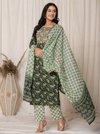 Yufta Green Paisley Pure Cotton Straight Kurta And Trouser With Dupatta Set | Grocsy