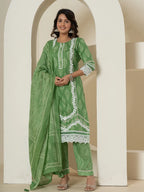 Yufta Green Patch Work Pure Cotton Straight Kurta And Dupatta Set | Grocsy