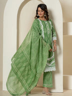 Yufta Green Patch Work Pure Cotton Straight Kurta And Dupatta Set | Grocsy