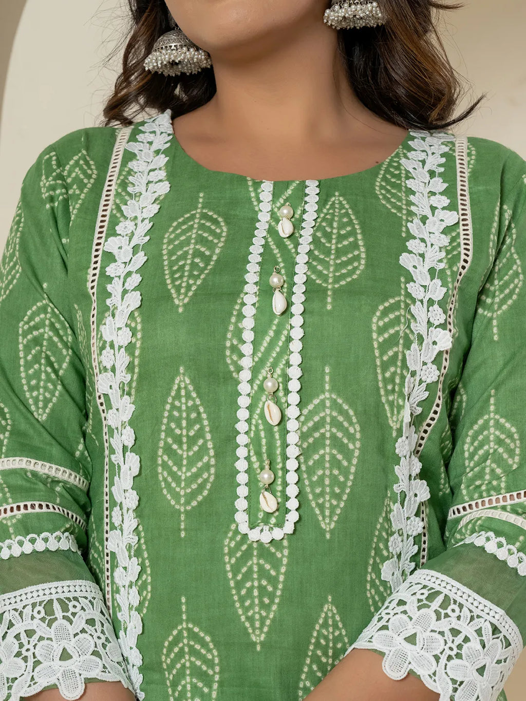 Yufta Green Patch Work Pure Cotton Straight Kurta And Dupatta Set | Grocsy