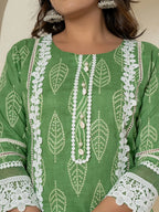 Yufta Green Patch Work Pure Cotton Straight Kurta And Dupatta Set | Grocsy