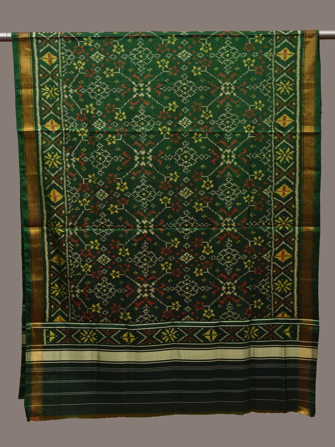 Green Pochampally Ikat Silk Handloom Dupatta with Grill Design - Global Threads | Grocsy