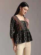 Yufta Green Pure Cotton Ethnic Motifs Dori Work Design Gathered Or Pleated Top | Grocsy