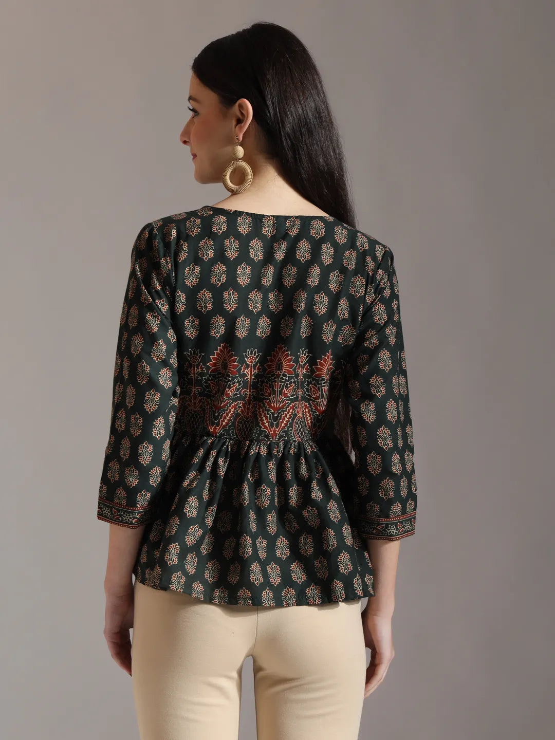 Yufta Green Pure Cotton Ethnic Motifs Dori Work Design Gathered Or Pleated Top | Grocsy