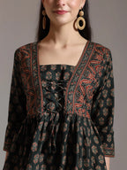 Yufta Green Pure Cotton Ethnic Motifs Dori Work Design Gathered Or Pleated Top | Grocsy