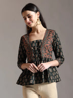 Yufta Green Pure Cotton Ethnic Motifs Dori Work Design Gathered Or Pleated Top | Grocsy
