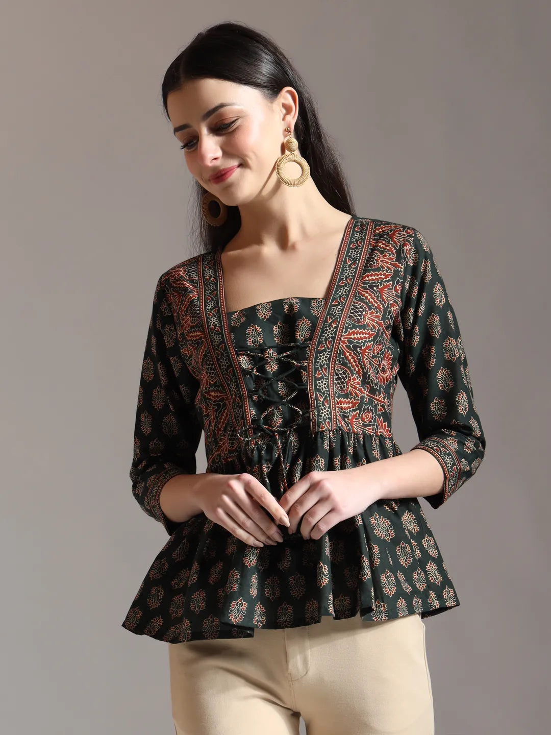 Yufta Green Pure Cotton Ethnic Motifs Dori Work Design Gathered Or Pleated Top | Grocsy