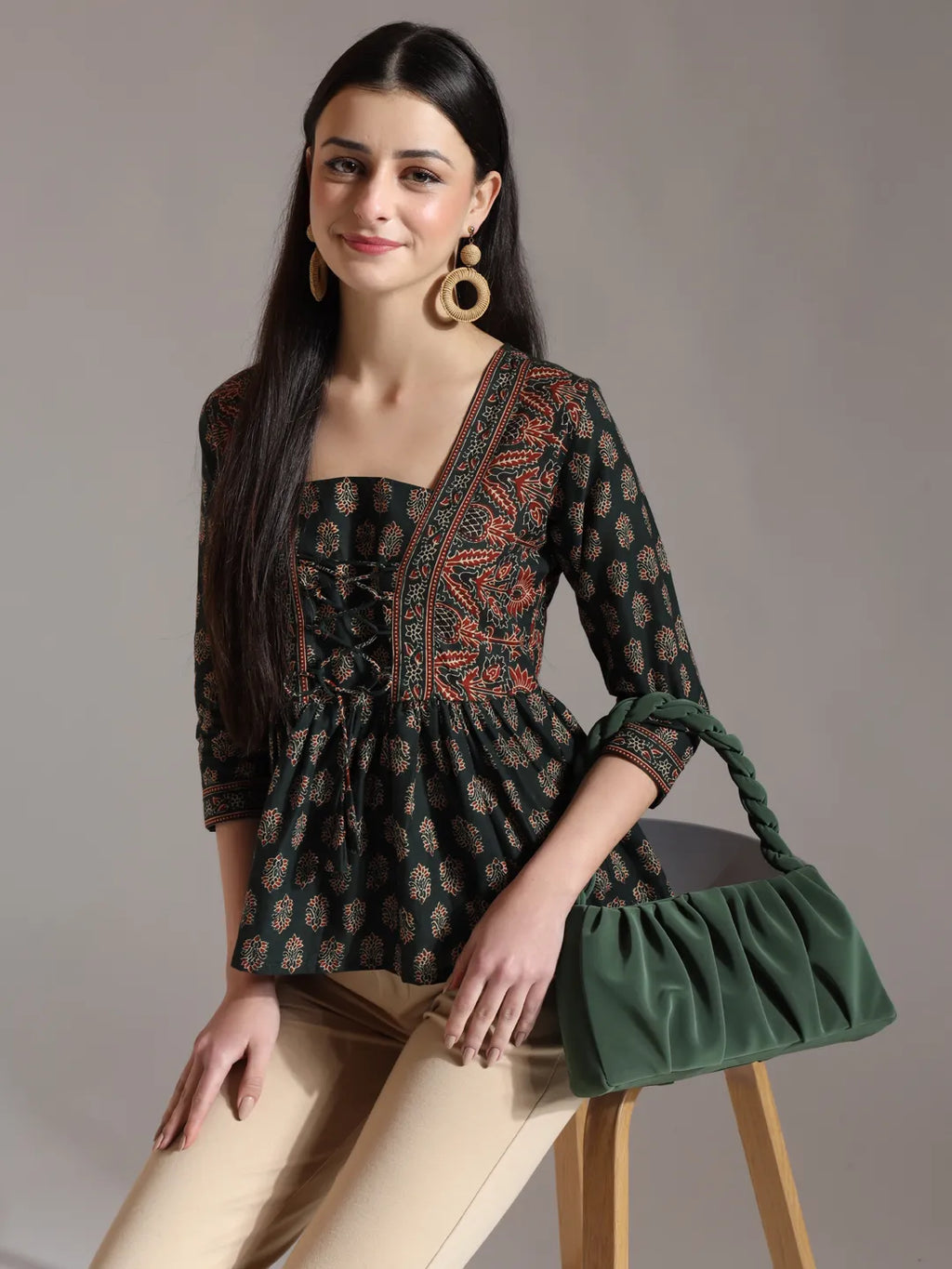 Yufta Green Pure Cotton Ethnic Motifs Dori Work Design Gathered Or Pleated Top | Grocsy