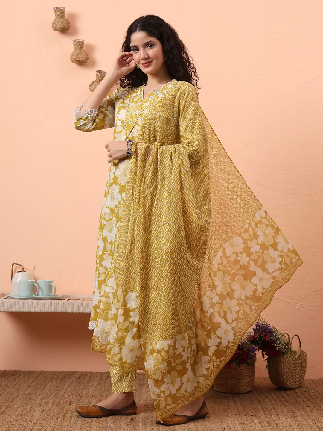 Yufta Green Pure Cotton Ethnic Motifs Straight Kurta Pant Set | Grocsy