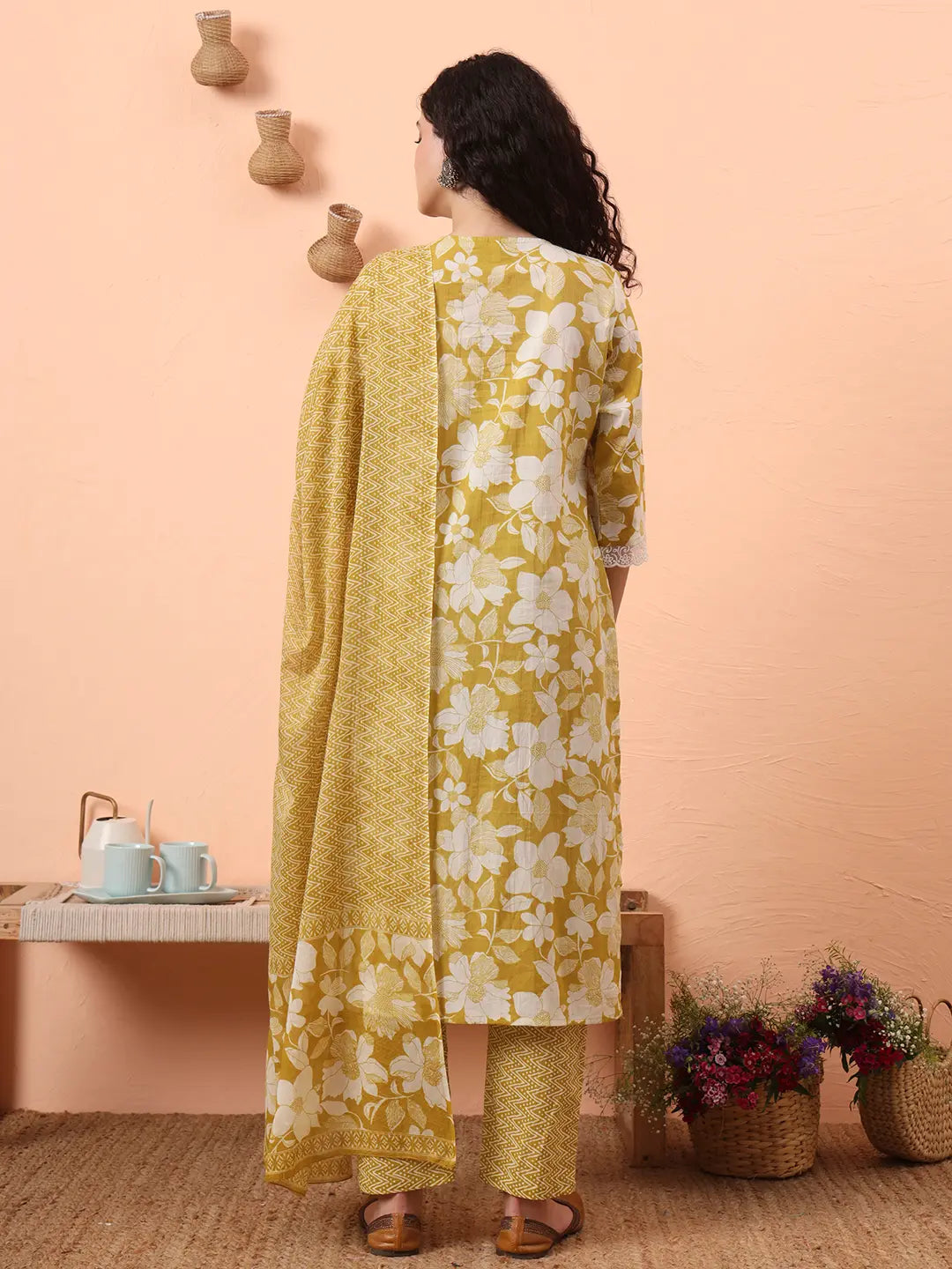 Yufta Green Pure Cotton Ethnic Motifs Straight Kurta Pant Set | Grocsy