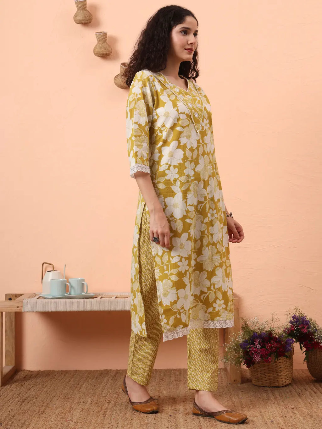 Yufta Green Pure Cotton Ethnic Motifs Straight Kurta Pant Set | Grocsy