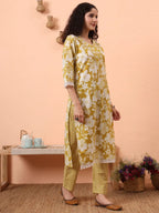 Yufta Green Pure Cotton Ethnic Motifs Straight Kurta Pant Set | Grocsy