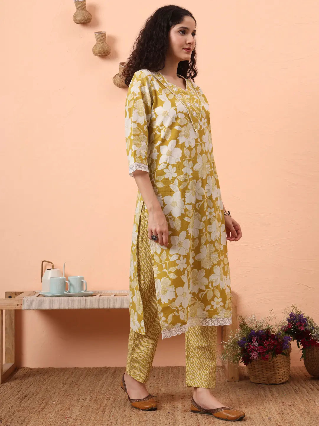 Yufta Green Pure Cotton Ethnic Motifs Straight Kurta Pant Set | Grocsy