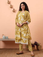Yufta Green Pure Cotton Ethnic Motifs Straight Kurta Pant Set | Grocsy