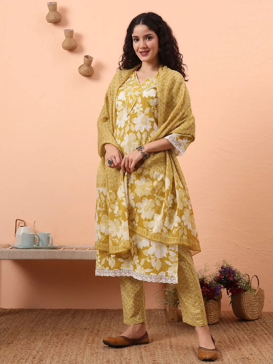Yufta Green Pure Cotton Ethnic Motifs Straight Kurta Pant Set | Grocsy