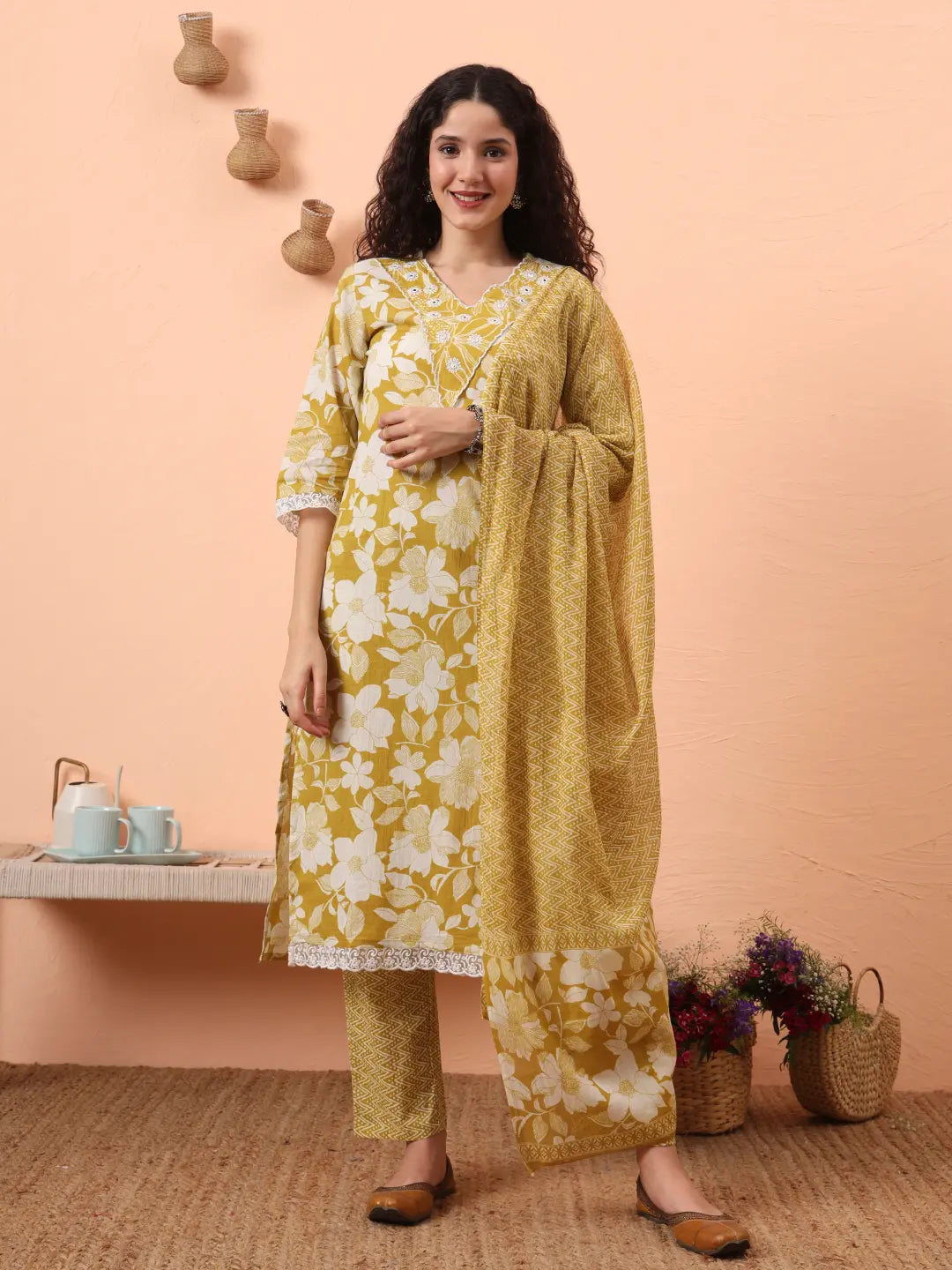Yufta Green Pure Cotton Ethnic Motifs Straight Kurta Pant Set | Grocsy