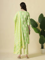 Yufta Green Pure Cotton Floral PrintThreadWork Kurta Dupatta Pant Set | Grocsy