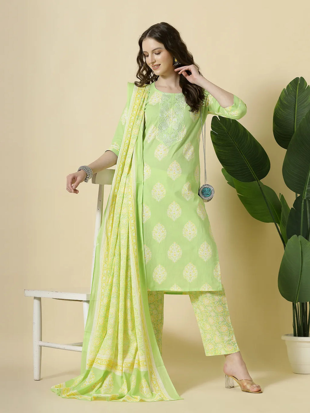 Yufta Green Pure Cotton Floral PrintThreadWork Kurta Dupatta Pant Set | Grocsy
