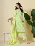 Yufta Green Pure Cotton Floral PrintThreadWork Kurta Dupatta Pant Set | Grocsy