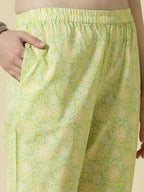 Yufta Green Pure Cotton Floral PrintThreadWork Kurta Dupatta Pant Set | Grocsy