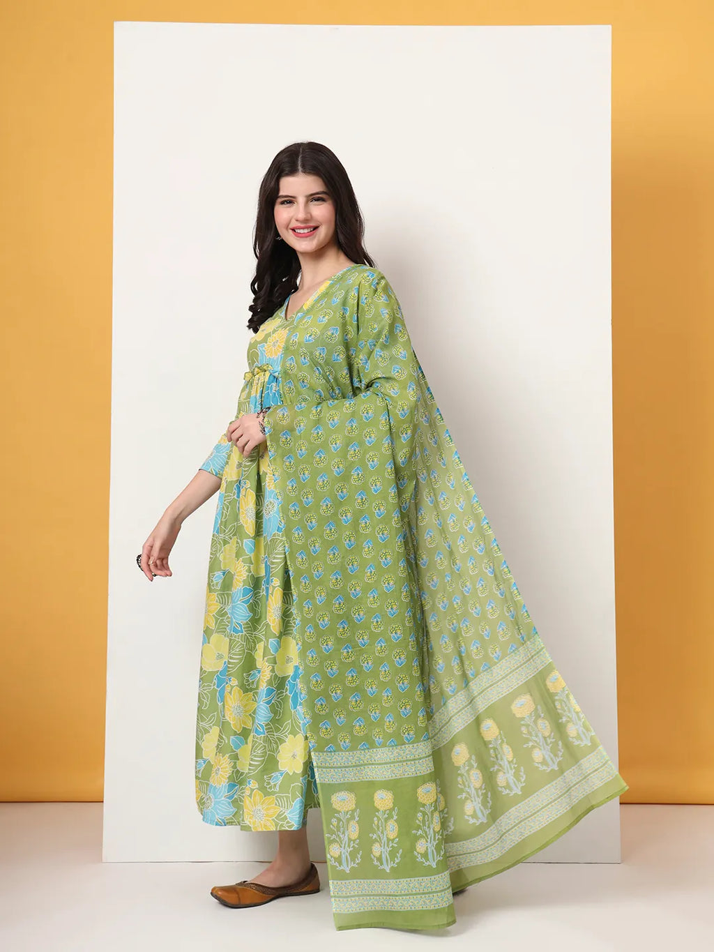 Yufta Green Pure Cotton Maternity Anarkali Kurta Trouser Dupatta Set | Grocsy