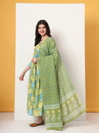 Yufta Green Pure Cotton Maternity Anarkali Kurta Trouser Dupatta Set | Grocsy