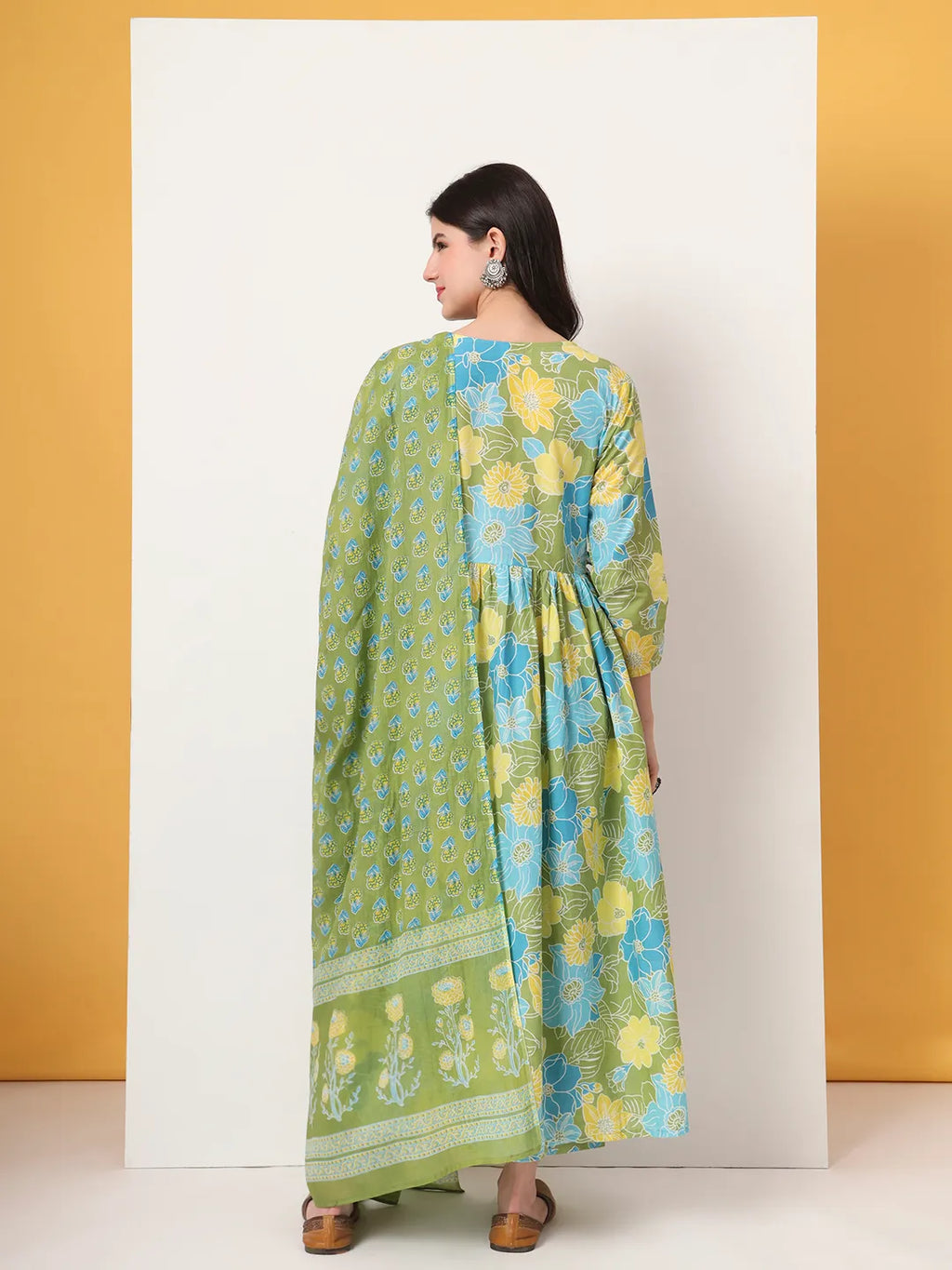 Yufta Green Pure Cotton Maternity Anarkali Kurta Trouser Dupatta Set | Grocsy