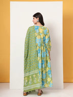 Yufta Green Pure Cotton Maternity Anarkali Kurta Trouser Dupatta Set | Grocsy
