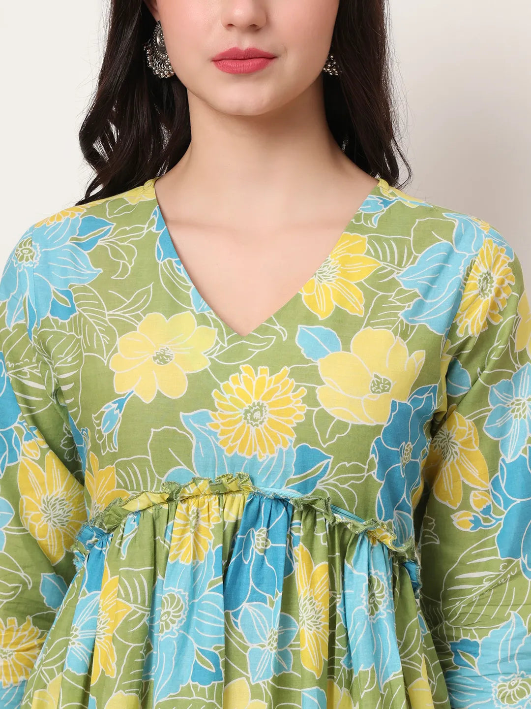 Yufta Green Pure Cotton Maternity Anarkali Kurta Trouser Dupatta Set | Grocsy