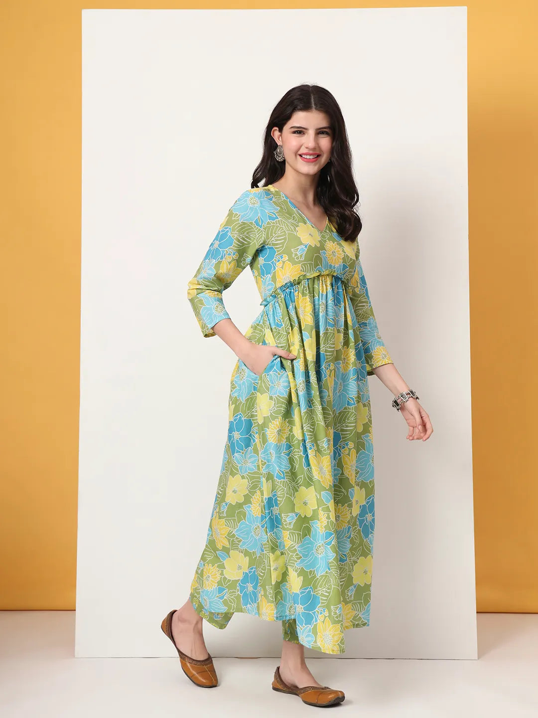 Yufta Green Pure Cotton Maternity Anarkali Kurta Trouser Dupatta Set | Grocsy