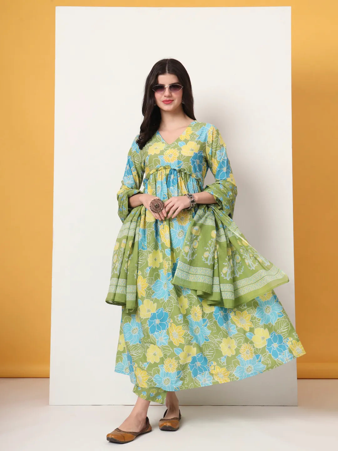 Yufta Green Pure Cotton Maternity Anarkali Kurta Trouser Dupatta Set | Grocsy