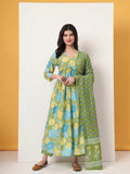 Yufta Green Pure Cotton Maternity Anarkali Kurta Trouser Dupatta Set | Grocsy
