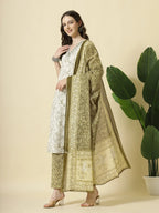 Yufta Green Pure Cotton Paisley Thread Work Kurta Dupatta Pant Set | Grocsy