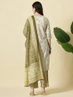 Yufta Green Pure Cotton Paisley Thread Work Kurta Dupatta Pant Set | Grocsy