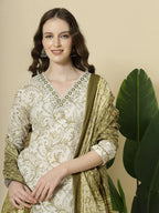 Yufta Green Pure Cotton Paisley Thread Work Kurta Dupatta Pant Set | Grocsy