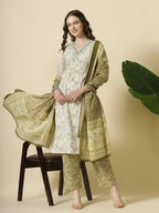 Yufta Green Pure Cotton Paisley Thread Work Kurta Dupatta Pant Set | Grocsy