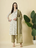 Yufta Green Pure Cotton Paisley Thread Work Kurta Dupatta Pant Set | Grocsy