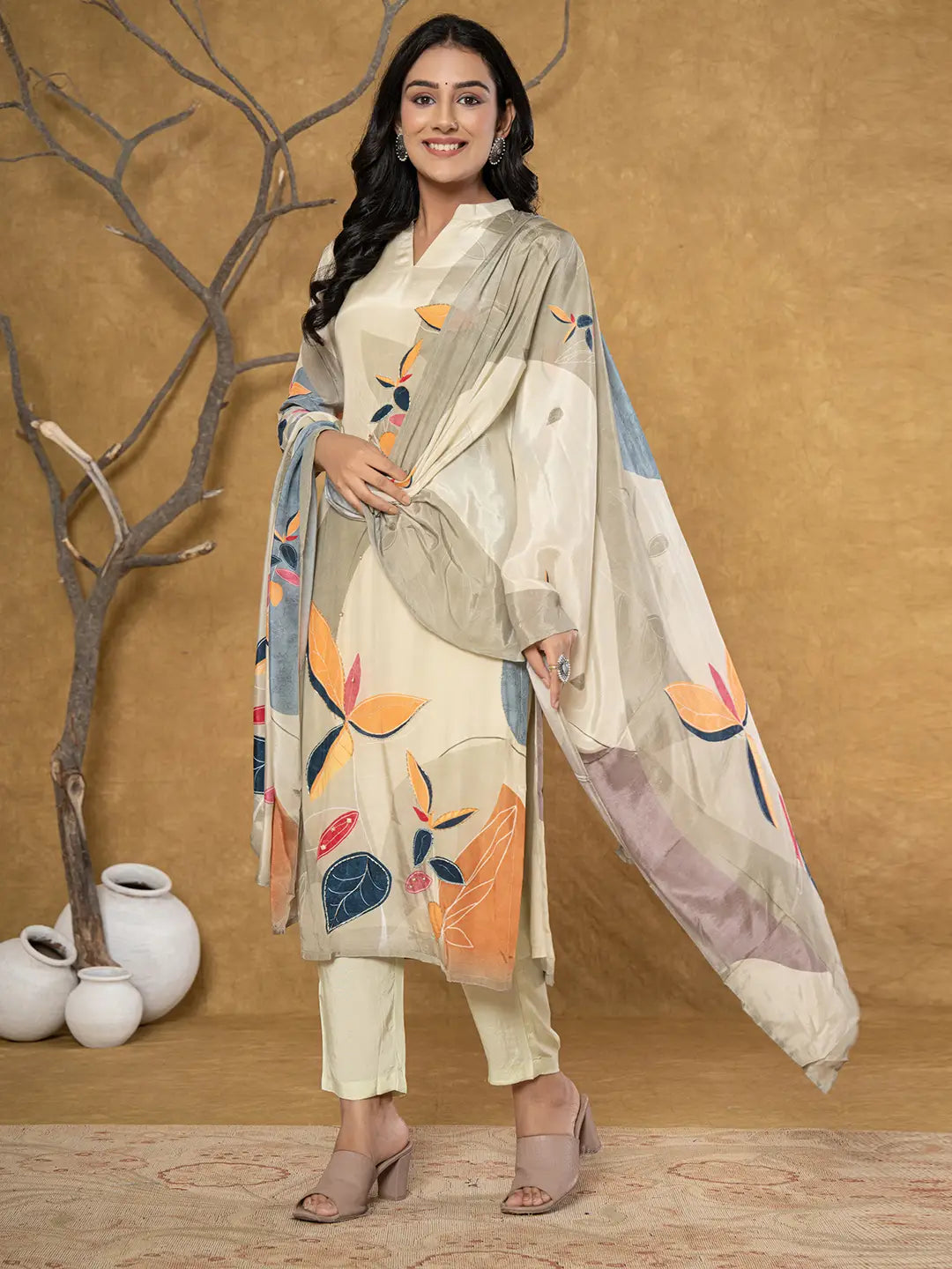 Yufta Green Pure Crepe Placement Print Kurta Dupatta Set | Grocsy