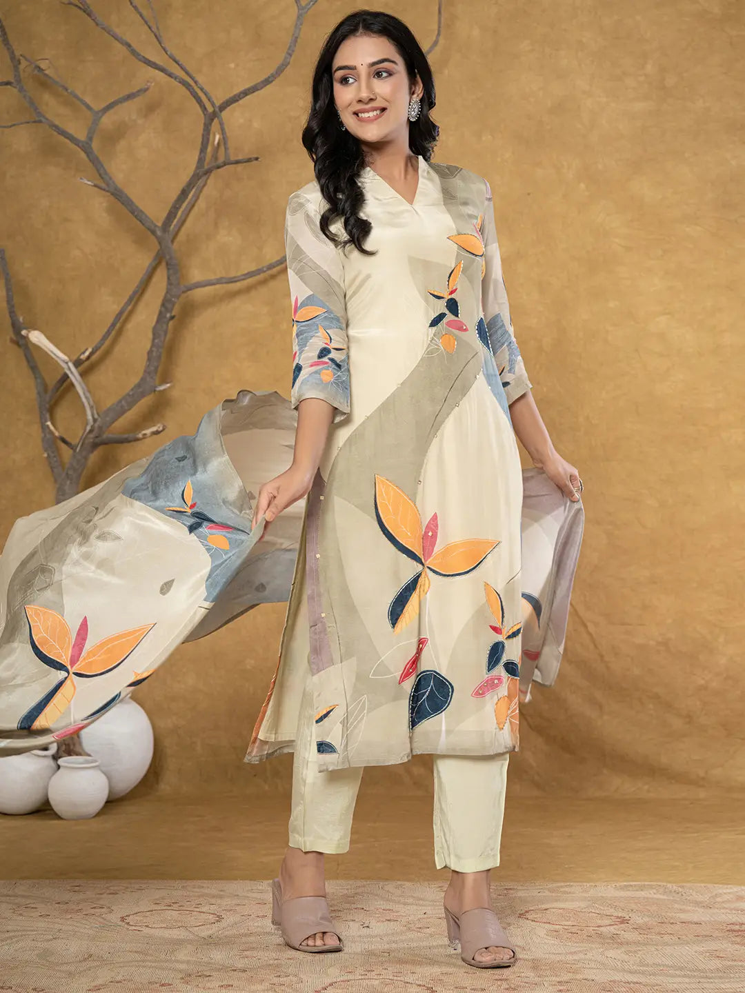 Yufta Green Pure Crepe Placement Print Kurta Dupatta Set | Grocsy