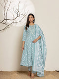 Yufta Green Sequins Workthread Work Cotton Anarkali Kurta And Trouser With Dupatta | Grocsy