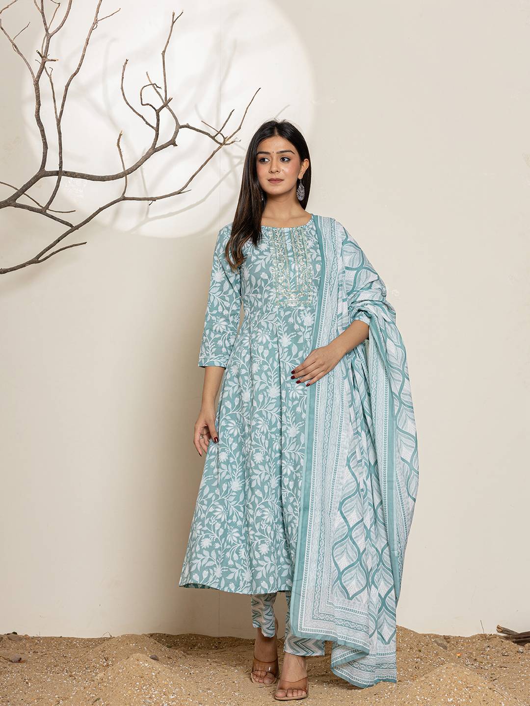 Yufta Green Sequins Workthread Work Cotton Anarkali Kurta And Trouser With Dupatta | Grocsy