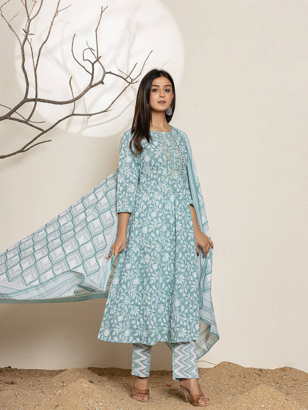 Yufta Green Sequins Workthread Work Cotton Anarkali Kurta And Trouser With Dupatta | Grocsy
