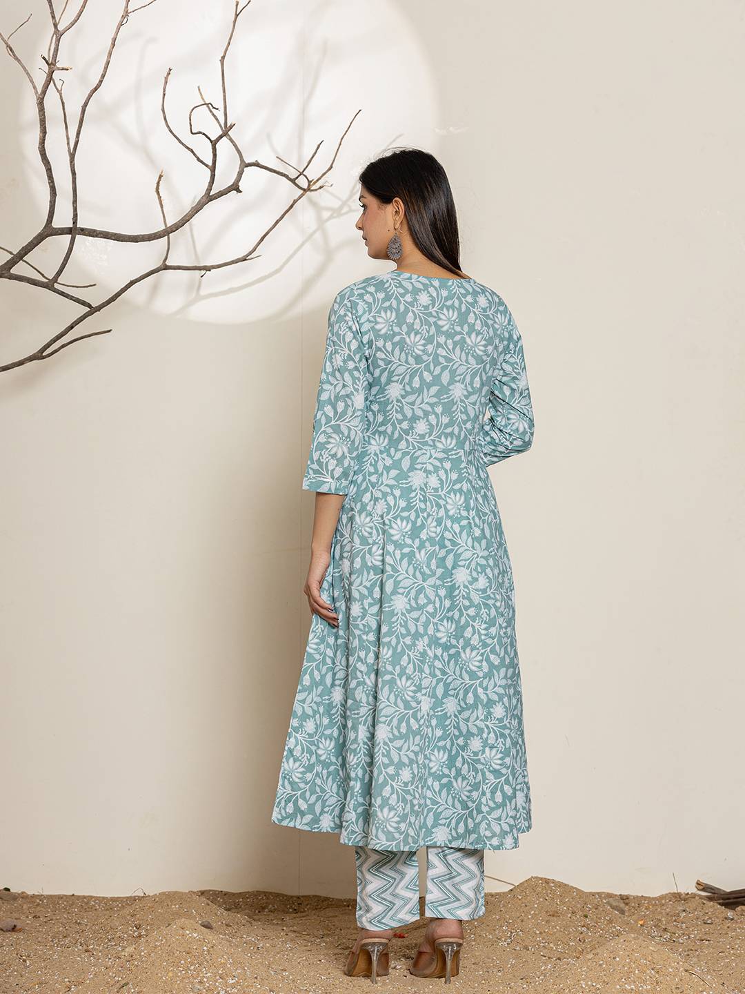 Yufta Green Sequins Workthread Work Cotton Anarkali Kurta And Trouser With Dupatta | Grocsy
