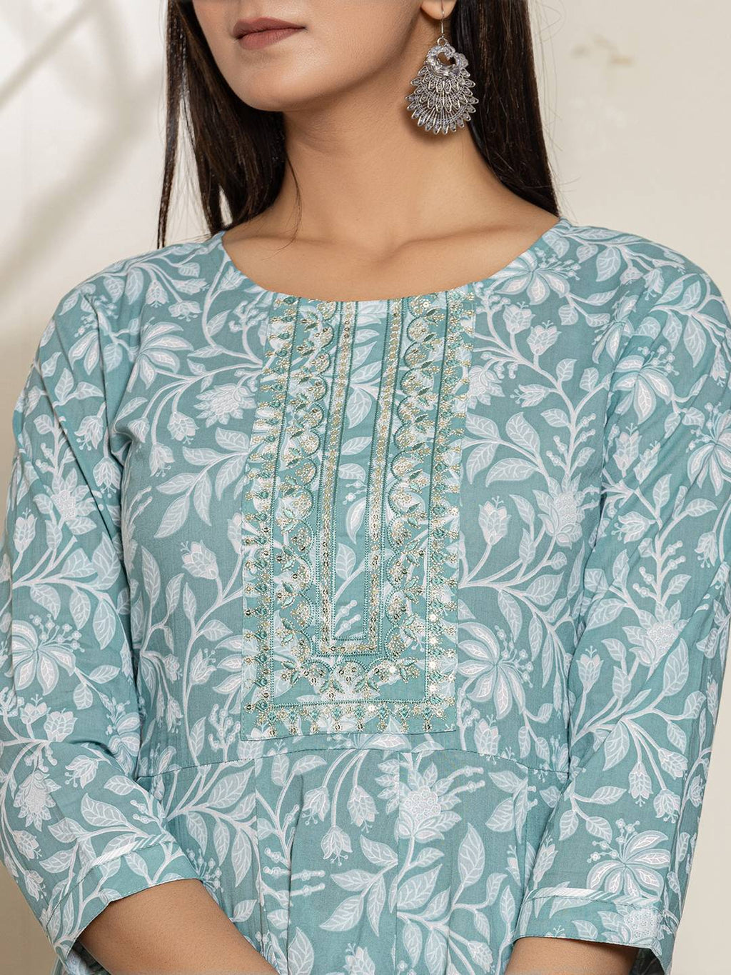 Yufta Green Sequins Workthread Work Cotton Anarkali Kurta And Trouser With Dupatta | Grocsy